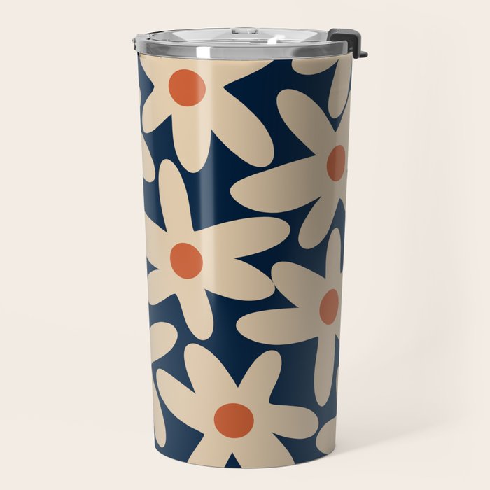 Daisy Time Retro Floral Pattern in Midcentury Blue Orange Beige Travel Mug Gallery Image 2