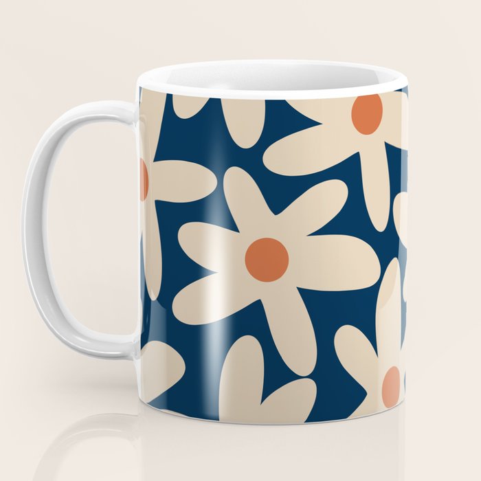 Daisy Time Retro Floral Pattern in Midcentury Blue Orange Beige Coffee Mug Gallery Image 3