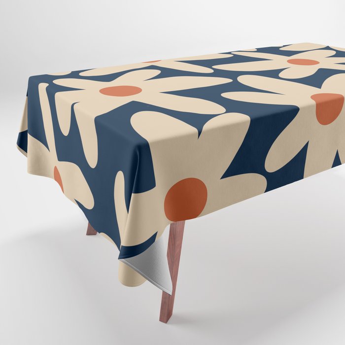 Daisy Time Retro Floral Pattern in Midcentury Blue Orange Beige Tablecloth Gallery Image 1