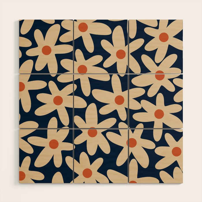 Daisy Time Retro Floral Pattern in Midcentury Blue Orange Beige Wood Wall Art Gallery Image 1