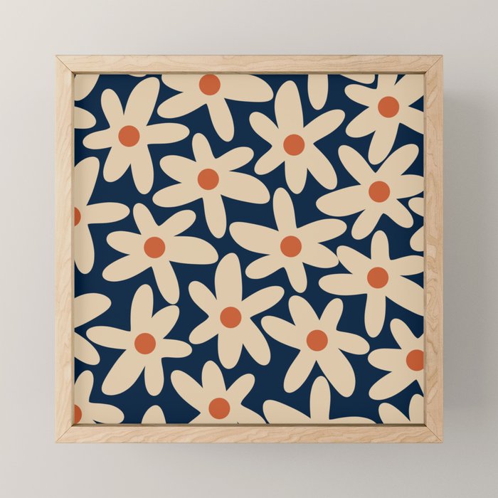 Daisy Time Retro Floral Pattern in Midcentury Blue Orange Beige Mini Art Print Gallery Image 1