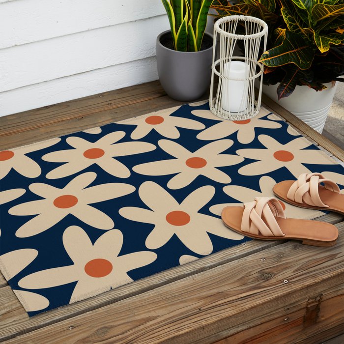 Daisy Time Retro Floral Pattern in Midcentury Blue Orange Beige Outdoor Rug Gallery Image 2