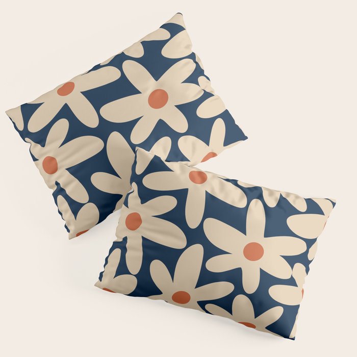 Daisy Time Retro Floral Pattern in Midcentury Blue Orange Beige Pillow Sham Gallery Image 3