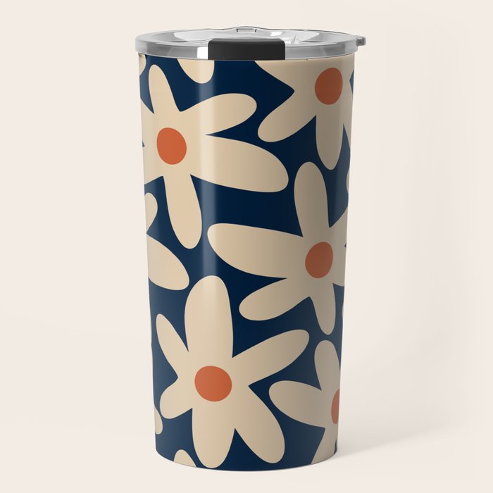 Daisy Time Retro Floral Pattern in Midcentury Blue Orange Beige Travel Mug Gallery Image 1