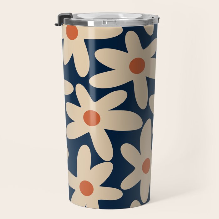 Daisy Time Retro Floral Pattern in Midcentury Blue Orange Beige Travel Mug Gallery Image 3