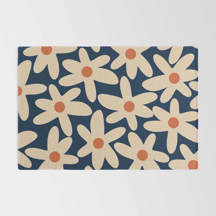 Daisy Time Retro Floral Pattern in Midcentury Blue Orange Beige Rug Gallery Image 2