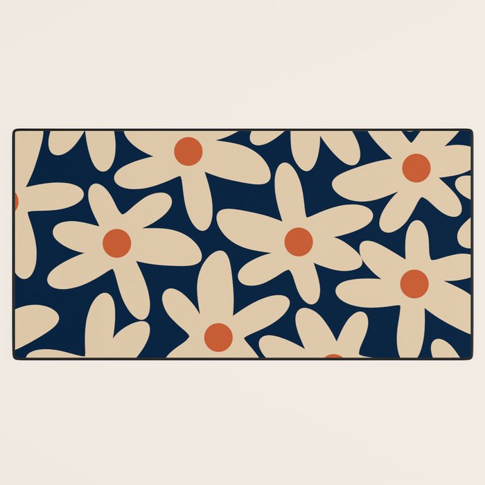 Daisy Time Retro Floral Pattern in Midcentury Blue Orange Beige Desk Mat Gallery Image 3
