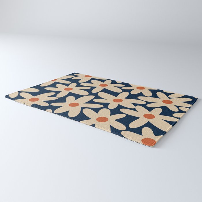Daisy Time Retro Floral Pattern in Midcentury Blue Orange Beige Rug Gallery Image 3
