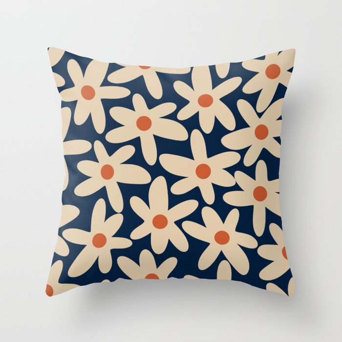 Daisy Time Retro Floral Pattern in Midcentury Blue Orange Beige Throw Pillow Gallery Image 6
