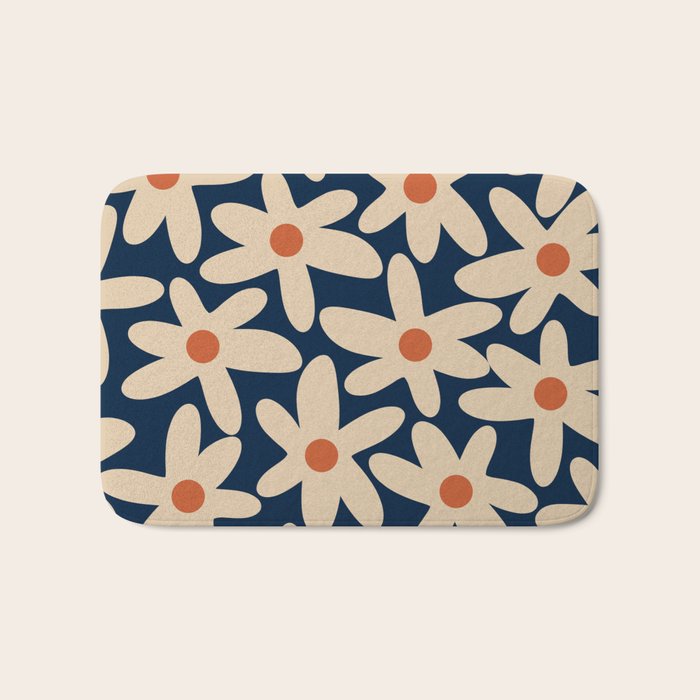 Daisy Time Retro Floral Pattern in Midcentury Blue Orange Beige Bath Mat Gallery Image 1