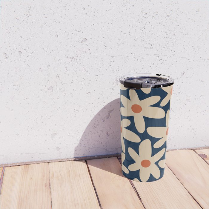 Daisy Time Retro Floral Pattern in Midcentury Blue Orange Beige Travel Mug Gallery Image 4