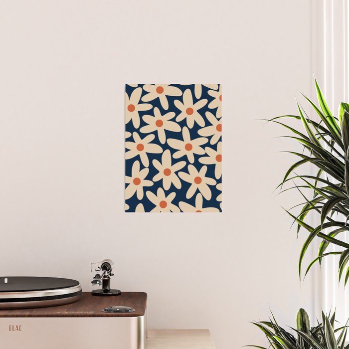 Daisy Time Retro Floral Pattern in Midcentury Blue Orange Beige Poster Gallery Image 2