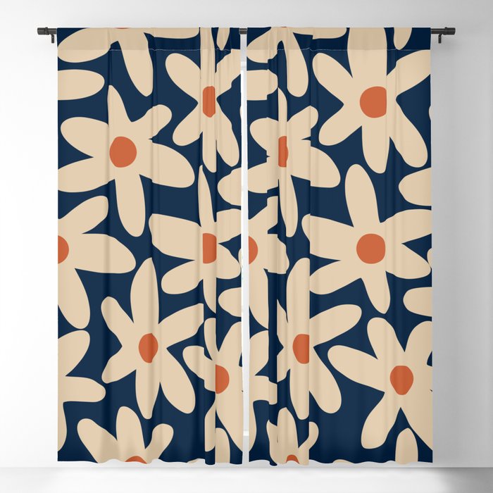 Daisy Time Retro Floral Pattern in Midcentury Blue Orange Beige Window Curtain Gallery Image 1