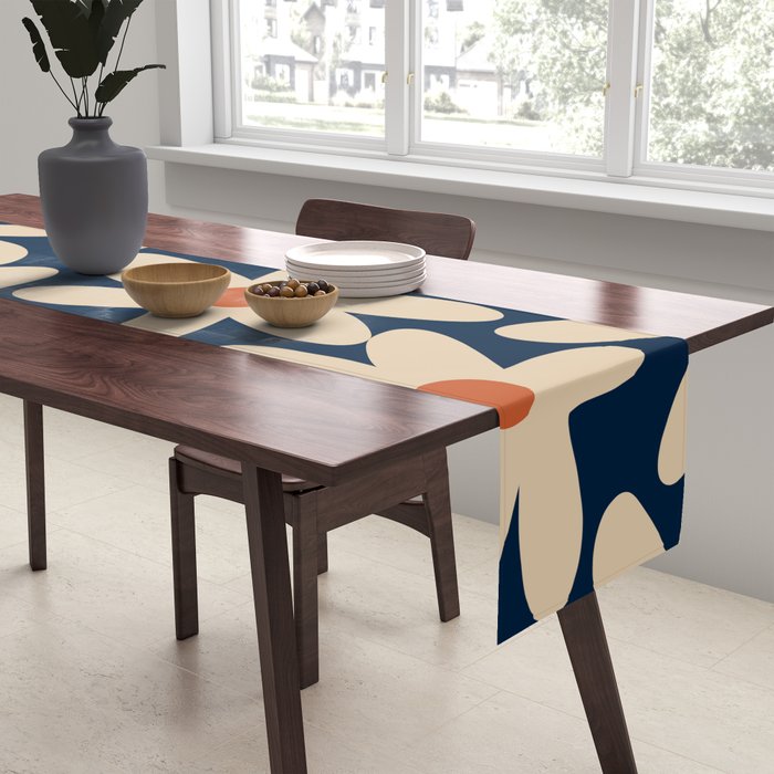 Daisy Time Retro Floral Pattern in Midcentury Blue Orange Beige Table Runner Gallery Image 2