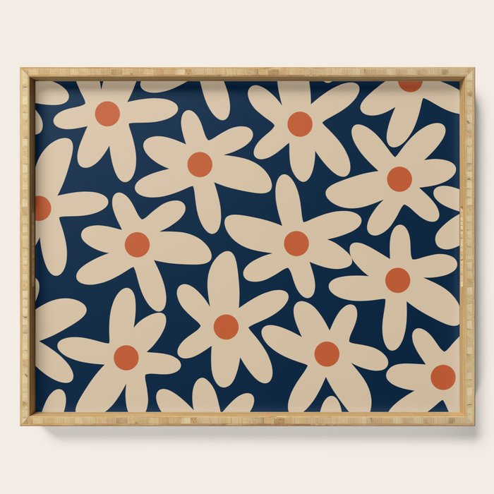 Daisy Time Retro Floral Pattern in Midcentury Blue Orange Beige Serving Tray Gallery Image 1