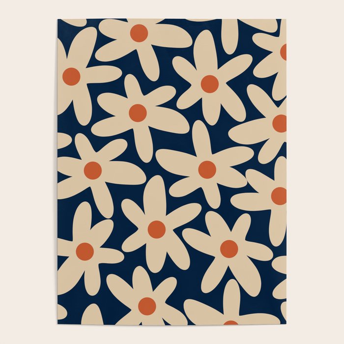 Daisy Time Retro Floral Pattern in Midcentury Blue Orange Beige Poster Gallery Image 4