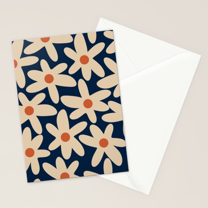Daisy Time Retro Floral Pattern in Midcentury Blue Orange Beige Stationery Card Gallery Image 2