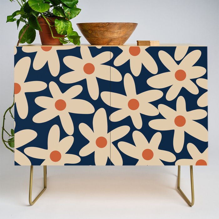 Daisy Time Retro Floral Pattern in Midcentury Blue Orange Beige Credenza Gallery Image 1