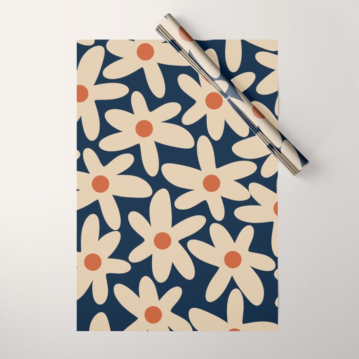 Daisy Time Retro Floral Pattern in Midcentury Blue Orange Beige Wrapping Paper Gallery Image 1