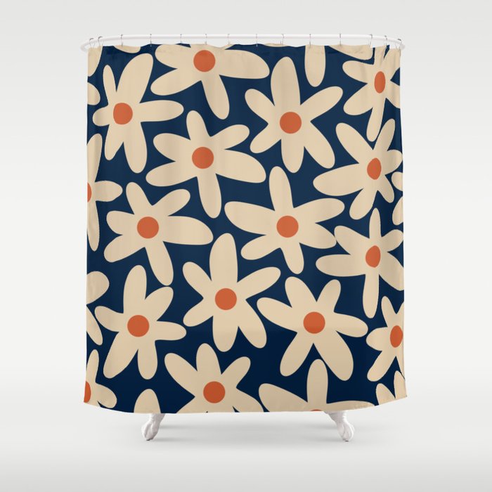 Daisy Time Retro Floral Pattern in Midcentury Blue Orange Beige Shower Curtain Gallery Image 1