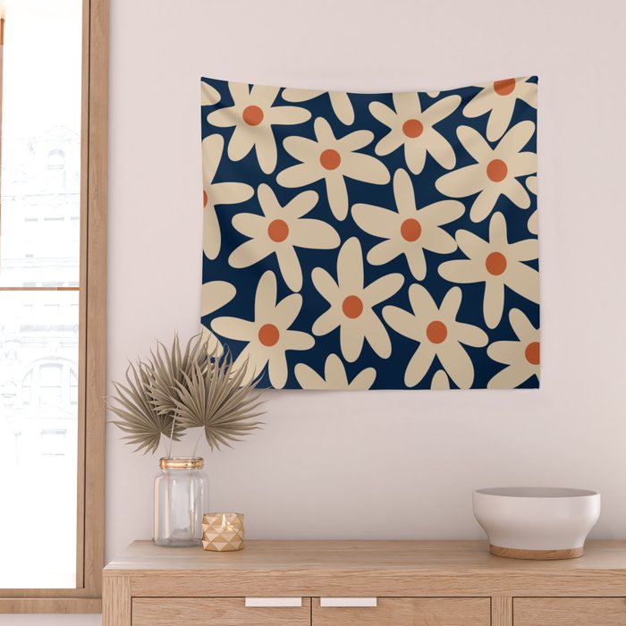 Daisy Time Retro Floral Pattern in Midcentury Blue Orange Beige Wall Tapestry Gallery Image 2