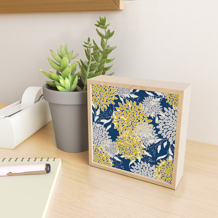 Floral Leaves and Blooms, Navy Blue, Yellow, Beige Mini Art Print Gallery Image 2