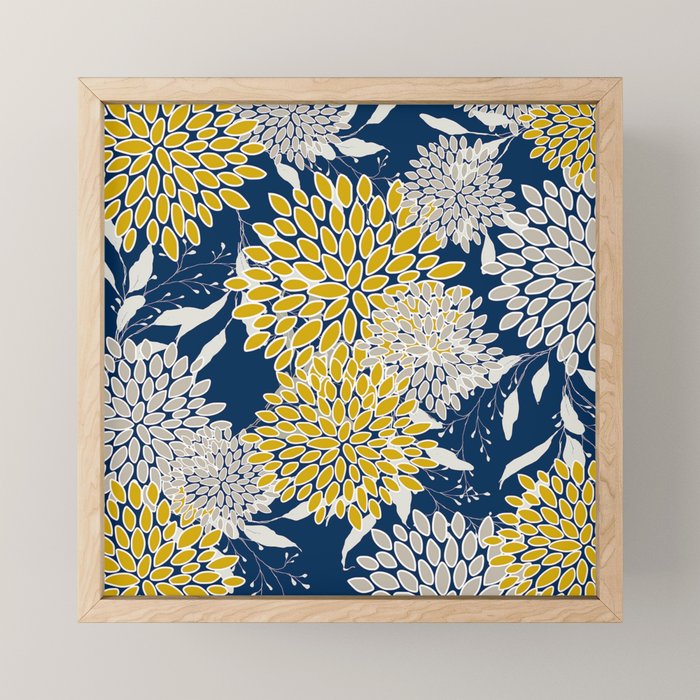 Floral Leaves and Blooms, Navy Blue, Yellow, Beige Mini Art Print Gallery Image 1