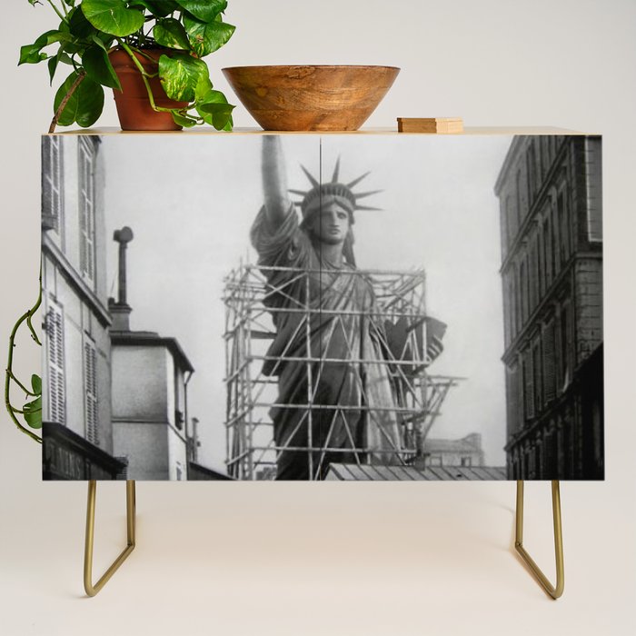 Piecing Together of the Architecture of the Statue Of Liberty In Paris, 1886 black and white photograph Credenza Gallery Image 1