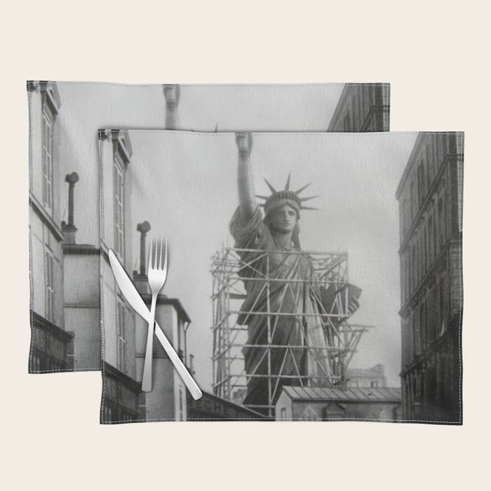 Piecing Together of the Architecture of the Statue Of Liberty In Paris, 1886 black and white photograph Placemat Gallery Image 1