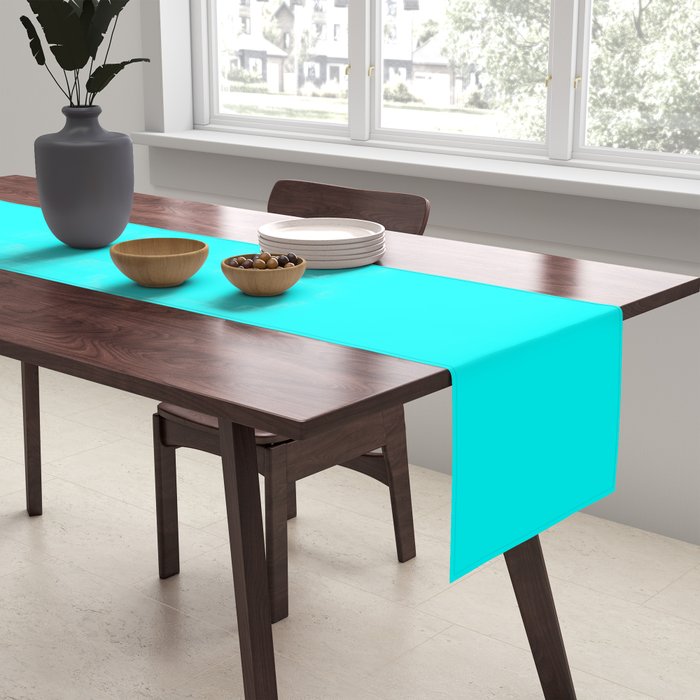 AQUA CYAN Solid Color Plain Neon Blue Shade  Table Runner Gallery Image 2