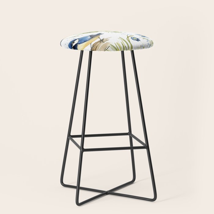 Blue Yellow Spring Birds Flowers Easter Watercolor Design All OVer Stool Gallery Image 1