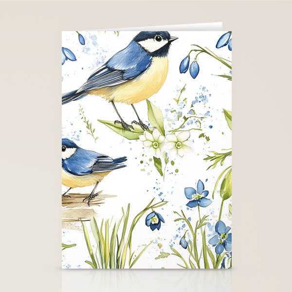 Blue Yellow Spring Birds Flowers Easter Watercolor Design All OVer Stationery Card Gallery Image 1