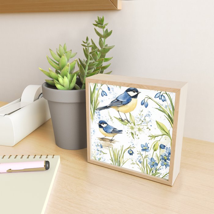 Blue Yellow Spring Birds Flowers Easter Watercolor Design All OVer Mini Art Print Gallery Image 2
