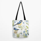 Blue Yellow Spring Birds Flowers Easter Watercolor Design All OVer Tote Bag Gallery Image 2
