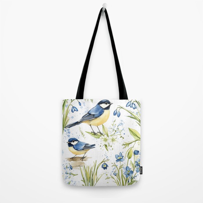 Blue Yellow Spring Birds Flowers Easter Watercolor Design All OVer Tote Bag Gallery Image 2