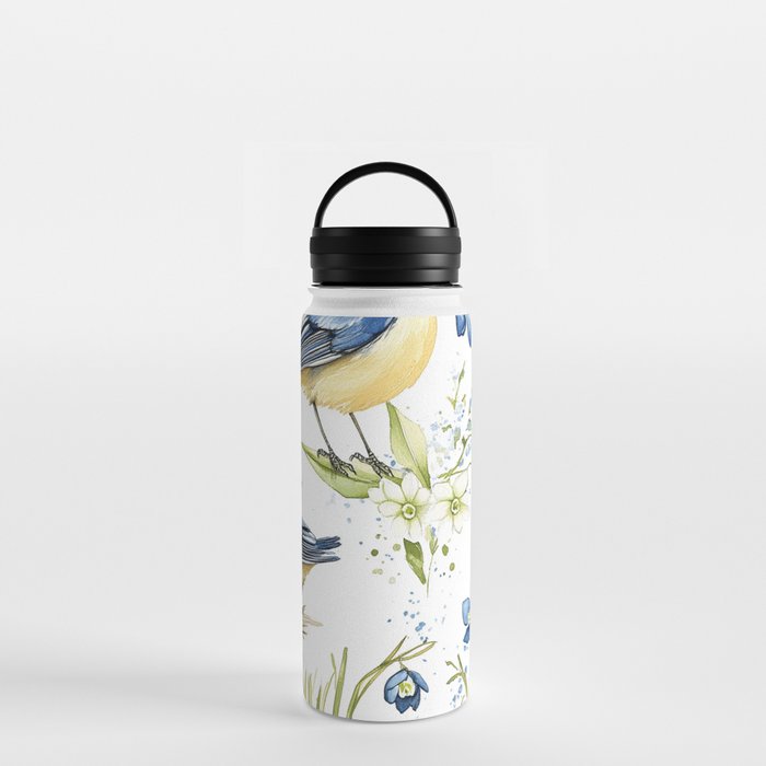 Blue Yellow Spring Birds Flowers Easter Watercolor Design All OVer Water Bottle Gallery Image 3