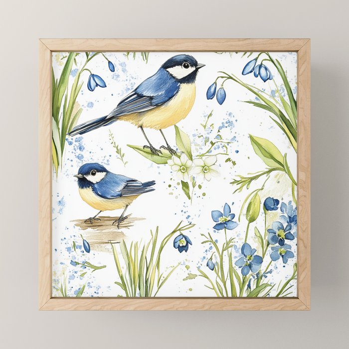 Blue Yellow Spring Birds Flowers Easter Watercolor Design All OVer Mini Art Print Gallery Image 1