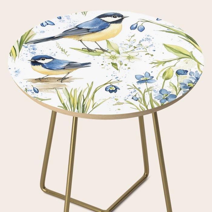 Blue Yellow Spring Birds Flowers Easter Watercolor Design All OVer Side Table Gallery Image 2