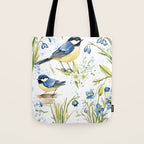 Blue Yellow Spring Birds Flowers Easter Watercolor Design All OVer Tote Bag Gallery Image 1