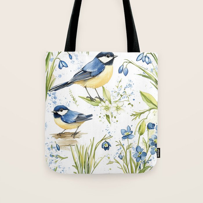 Blue Yellow Spring Birds Flowers Easter Watercolor Design All OVer Tote Bag Gallery Image 1