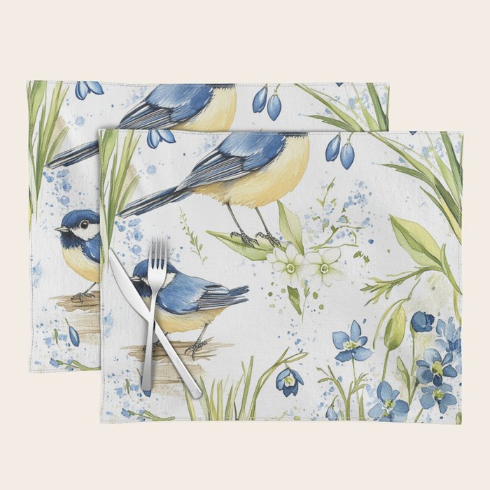 Blue Yellow Spring Birds Flowers Easter Watercolor Design All OVer Placemat Gallery Image 1