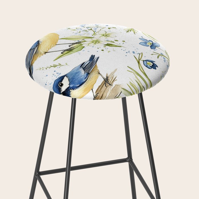 Blue Yellow Spring Birds Flowers Easter Watercolor Design All OVer Stool Gallery Image 2