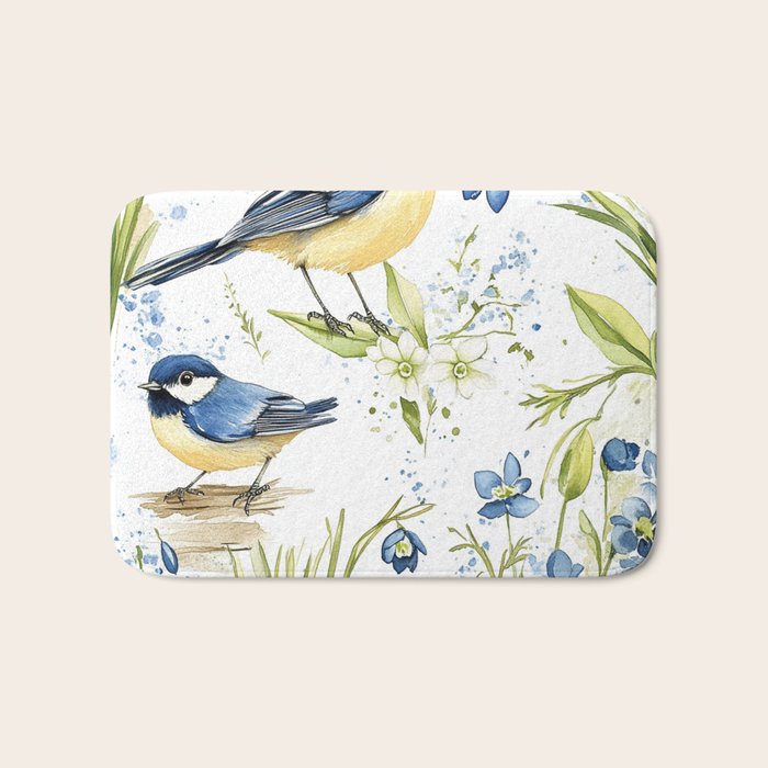 Blue Yellow Spring Birds Flowers Easter Watercolor Design All OVer Bath Mat Gallery Image 1
