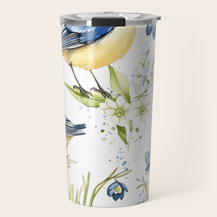Blue Yellow Spring Birds Flowers Easter Watercolor Design All OVer Travel Mug Gallery Image 1