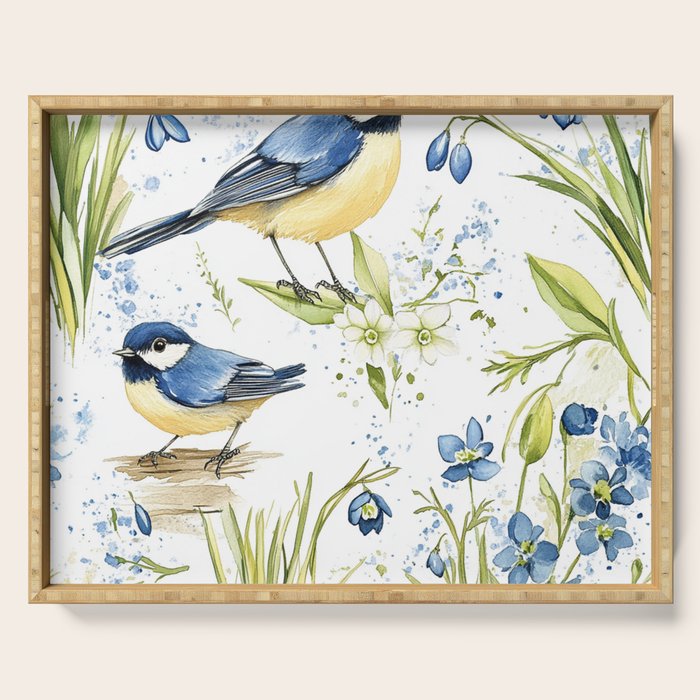 Blue Yellow Spring Birds Flowers Easter Watercolor Design All OVer Serving Tray Gallery Image 1