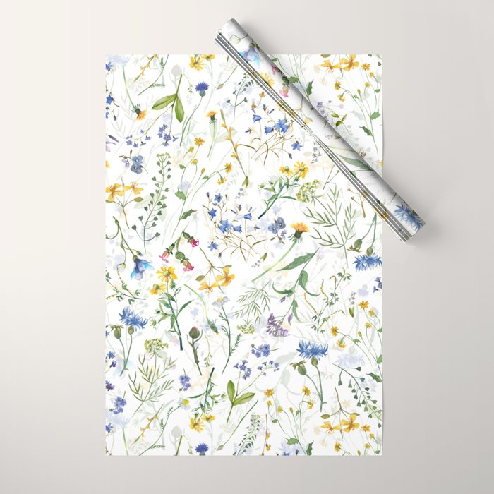 Scandinavian Midsummer Blue And Yellow Wildflowers Meadow  Wrapping Paper Gallery Image 1