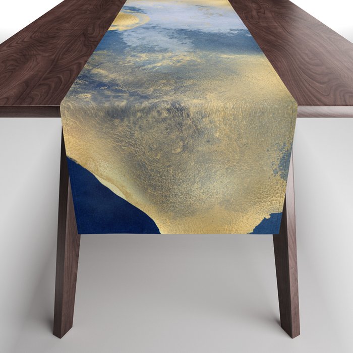 Blue and Gold Textured Abstract Marble Art Print Table Runner Gallery Image 1