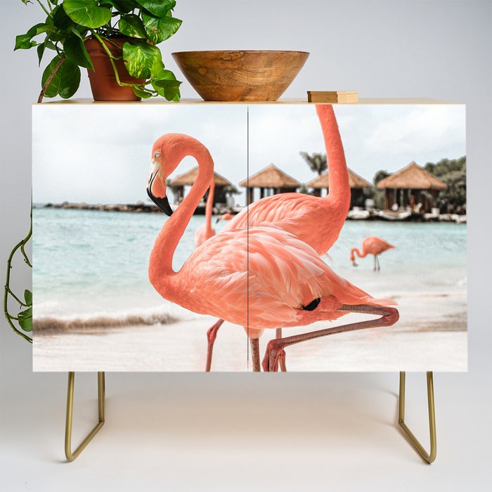 Pink Flamingos On Aruba Island Art Photo | Caribbean Beach Wall Print | Tropical Travel Photography Credenza Gallery Image 1