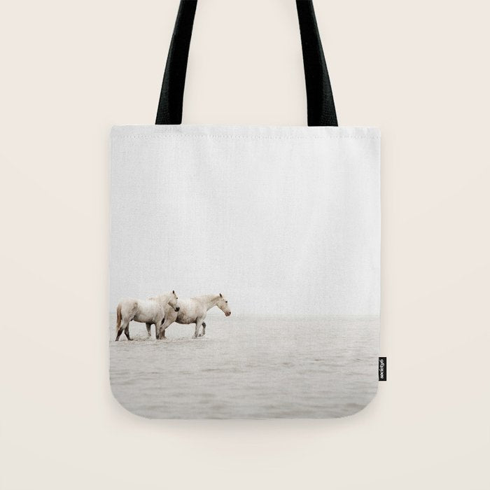 White Camargue Horses - Minimalist Nature Photography Tote Bag Gallery Image 1