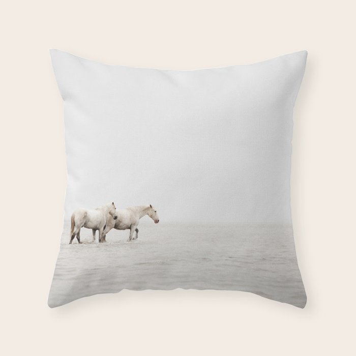 White Camargue Horses - Minimalist Nature Photography Throw Pillow Gallery Image 6